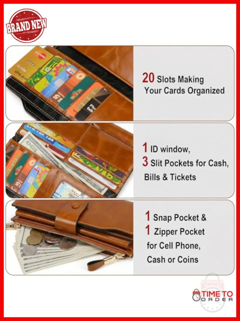 Genuine Leather RFID Blocking Continental Wallet with 21 Card Slots